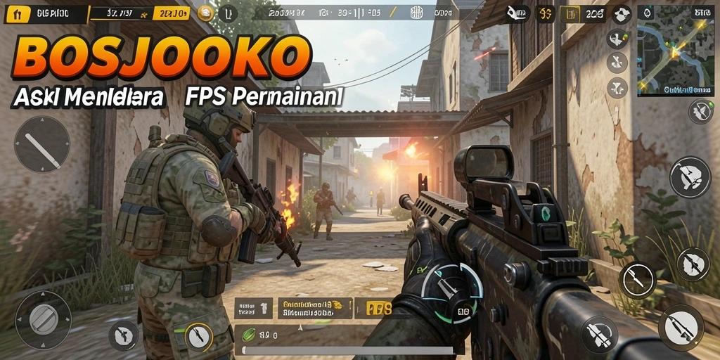 Screenshot gameplay BOSJOKO menunjukkan pertempuran intens di arena FPS.