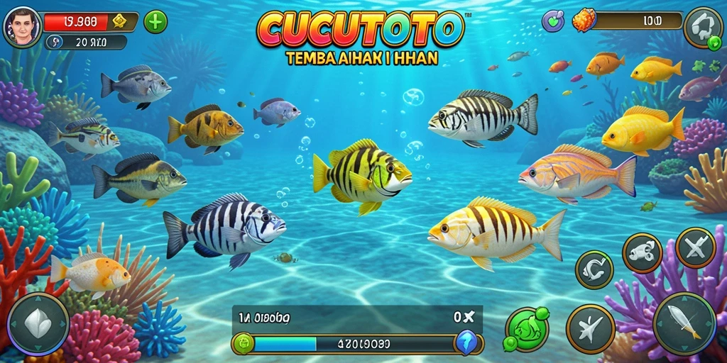 Screenshot gameplay CUCUTOTO menampilkan serunya menembak ikan.