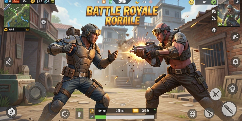 Screenshot utama IDR89 menampilkan aksi pertempuran intens Battle Royale.