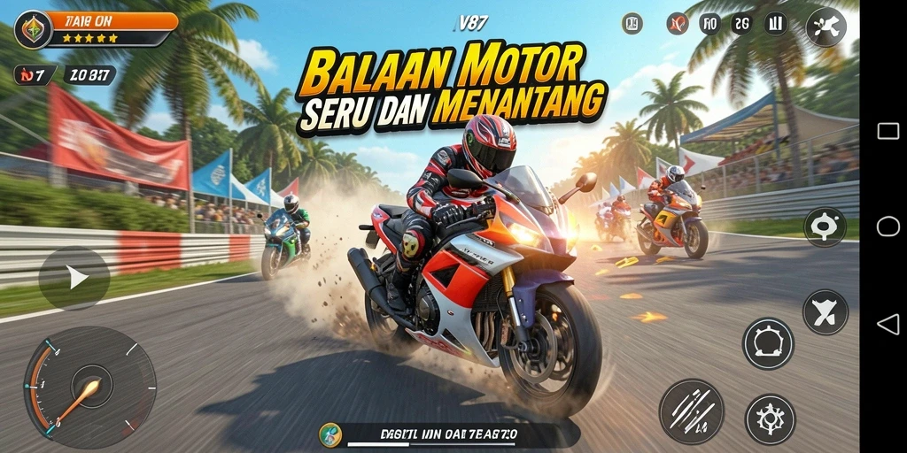 Gameplay V87 yang mendebarkan dengan aksi balapan motor.
